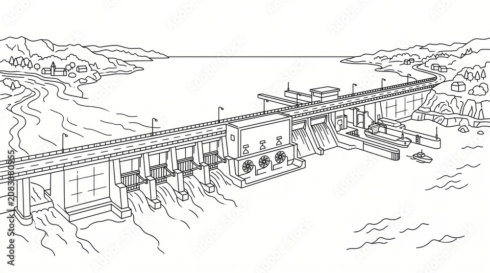Fototapeta premium Renewable energy line art of hydroelectric power plant dam with renewable hydroelectric industry