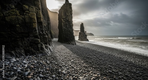 Dramatic coastal cliffs overlooking a pebble beach and sea