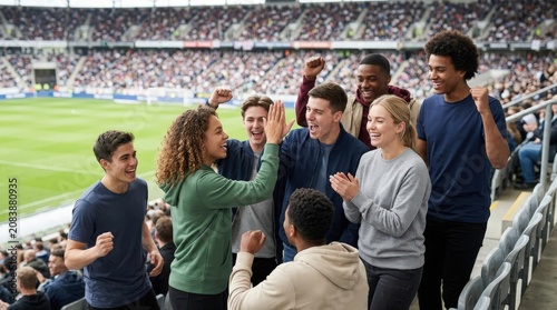 Group of diverse friends celebrating and cheering at a sports stadium