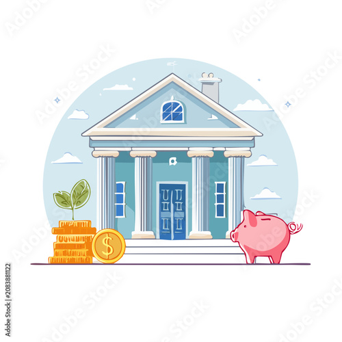 Bank building with piggy bank and coins