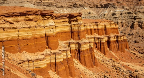 Orange Clay Cliffs with Layered Strata in a Desert Canyon Landscape