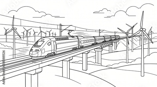 Renewable energy line art: modern high speed train and wind turbine farm with renewable, landscape