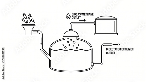 Renewable energy line art of biogas digester system diagram with renewable digester conversion