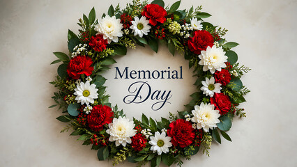 Memorial day floral wreath with white and red flowers