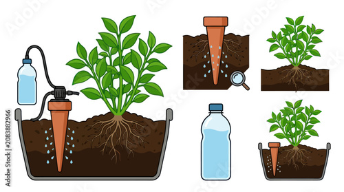 Fotografía Technical diagram of self-watering plant systems.