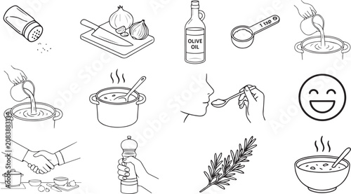 Black and white line drawing set of cooking and food preparation elements and actions