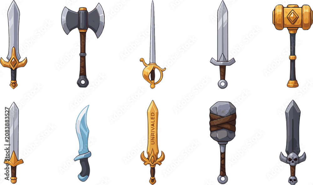 Fototapeta premium collection of cartoon fantasy swords and battle weapons for games