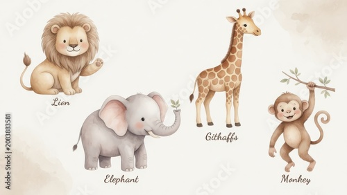 A charming collection of friendly jungle inhabitants features a small lion cub along with a gentle elephant calf plus a tall giraffe and a playful chimpanzee for nursery room wall art decoration
