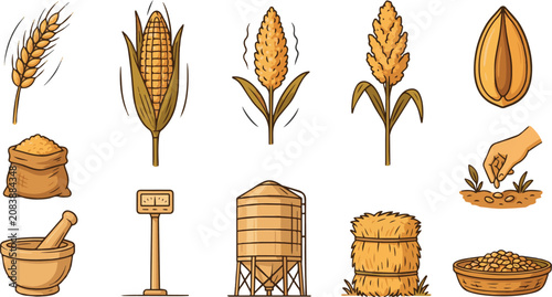 farm fresh grain and corn icons and symbols for agriculture and food production