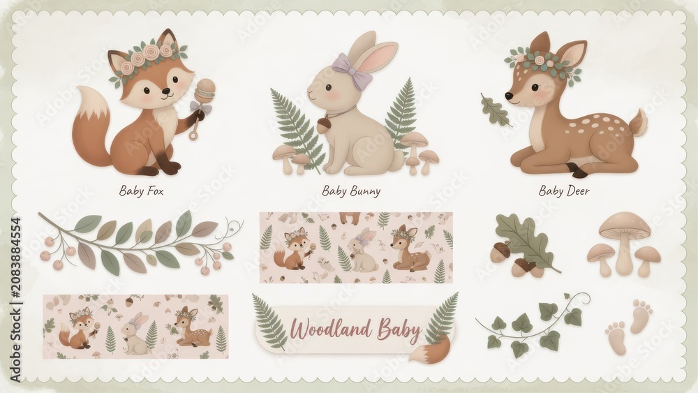Fototapeta premium Watercolor woodland animals collection featuring a cute fox a bunny and a dappled fawn surrounded by forest mushrooms and botanical leaves perfect for nursery room wall art decor and baby themes