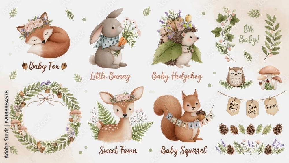 Fototapeta premium Watercolor woodland animals featuring a fox bunny hedgehog fawn and squirrel with floral wreaths and birth announcement banners for delightful nursery room decor and party stationery design proje