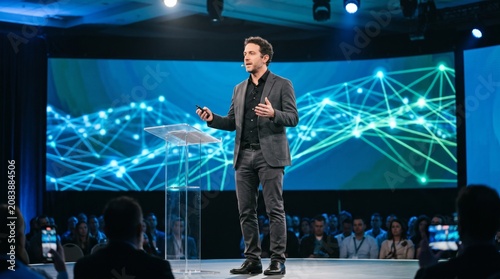 Confident male speaker presenting on stage with digital network background at a conference event
