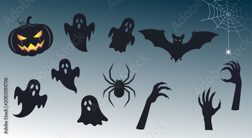 Photos Spooky Halloween Elements Collection with Pumpkin Ghosts Bat and Spider Silhouettes