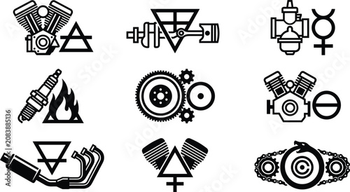 Fotografía Automotive mechanical parts and engine components black icon set vector illustra