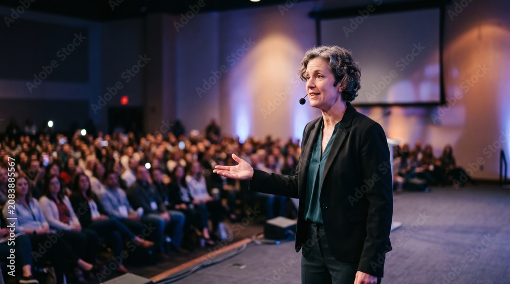 Fototapeta premium Confident Female Speaker Addresses Engaged Audience in Auditorium with Stage Lighting