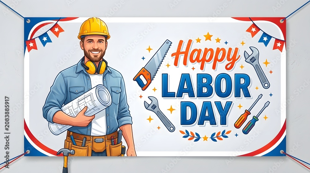 Fototapeta premium Happy labor day celebration with construction worker and tools