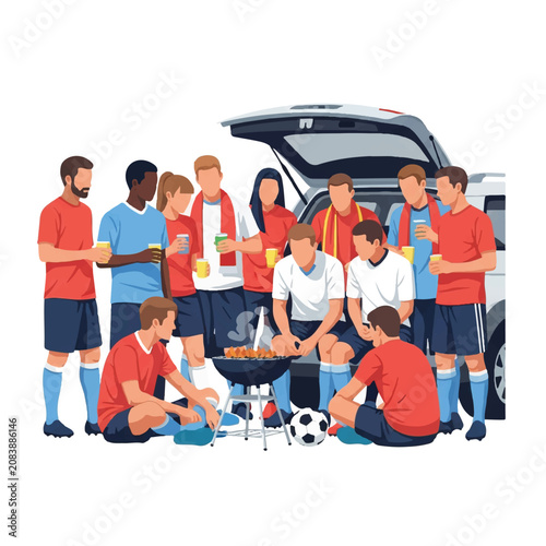 A diverse group of soccer fans gathered around an open vehicle trunk with a small grill and a soccer ball, bright daylight, festive and communal atmosphere, high-quality 2D render. minimalist