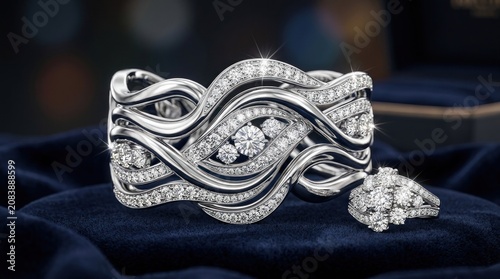 A luxurious diamond bracelet with intricate wave patterns and sparkling diamonds, placed on a dark blue velvet surface with a blurred background.