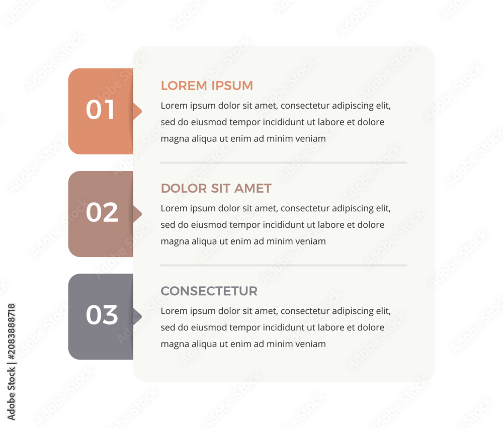Fototapeta premium Vertical workflow infographic template with three numbered steps with side tabs and text placeholder for a structured presentation layout