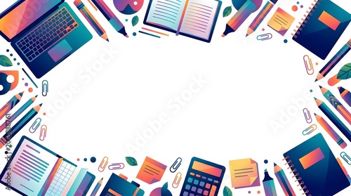 Frame border featuring modern, colorful stationery and educational supplies like laptop, books, notebook, calculator, and pencils on a white background.
