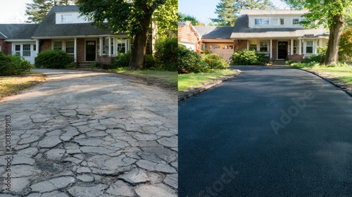 Old cracked driveway vs new asphalt driveway comparison