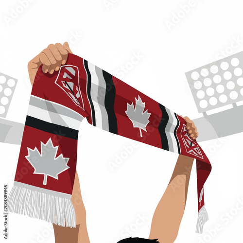 Close up of two hands holding a long soccer scarf high above the head with a stylized maple leaf and geometric patterns, bright stadium lighting, 4-color palette of deep red, white, black, and