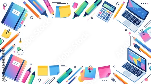 Border frame featuring modern gradient school stationery: laptop, notebook, calculator, and highlighter. Perfect for educational flyers and digital templates.