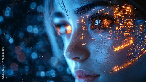 Close up portrait of a female face with glowing digital circuits and bokeh lights