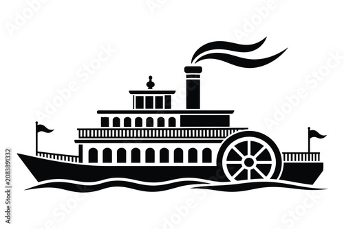 Fotografie Paddle wheel steamboat silhouette on water waves with steamboat paddleboat river