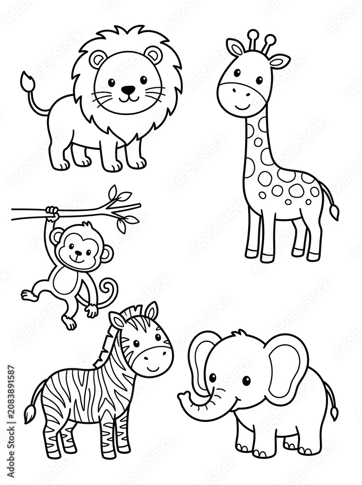 Naklejka premium Cute cartoon zoo animals outline for a fun coloring book page, featuring a lion, monkey, giraffe, zebra, and elephant. Perfect for children's activities and educational purposes