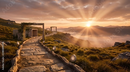 Stone pathway through archways at sunset