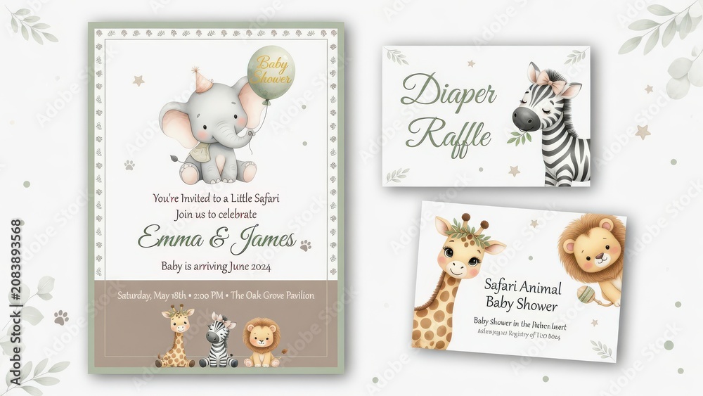 Obraz premium Safari themed nursery celebration stationery set featuring watercolor animal characters like baby elephants and giraffes with personalized text fields for an upcoming gathering held in the summer