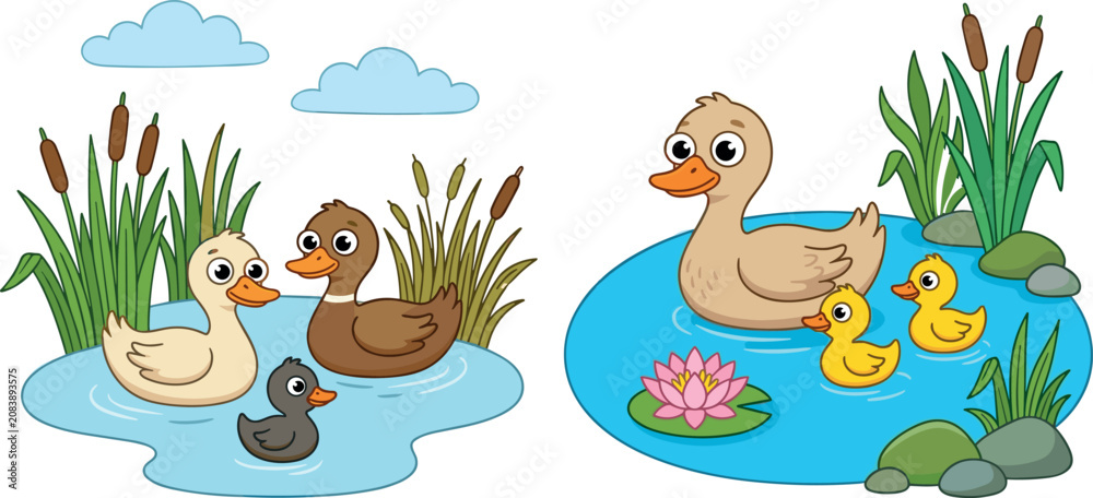 Naklejka premium Cute Cartoon Duck Family Swimming in Pond Vector Icon Set with Ducklings, Water Lily, and Reeds for Children Book, Nursery, and Sticker Designs