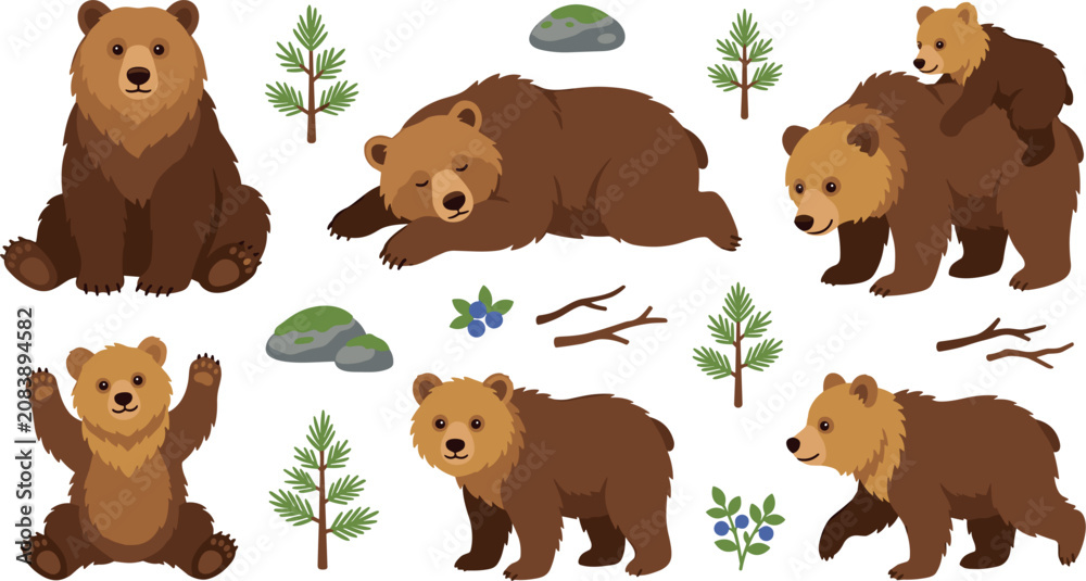 Fototapeta premium PrintCute Brown Bear Vector Illustration Set Featuring Grizzly Bears in Different Poses, Playful Cubs, Forest Elements, and Wildlife Nature Designs