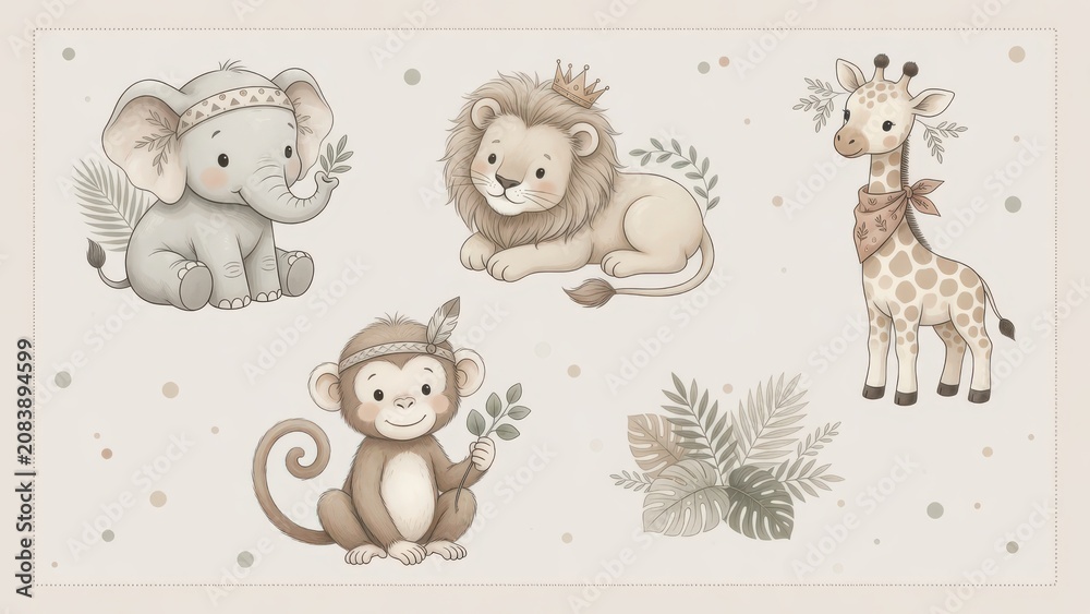 Obraz premium A charming collection of gentle nursery animals including a playful monkey, regal lion, cheerful baby elephant, and tall giraffe is featured in this creative artwork for delightful children