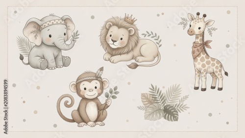 A charming collection of gentle nursery animals including a playful monkey, regal lion, cheerful baby elephant, and tall giraffe is featured in this creative artwork for delightful children