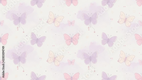 Delicate watercolor artistic patterns featuring charming butterflies in soft shades of lavender and gentle blush tones create a whimsical atmosphere for various creative projects and textile