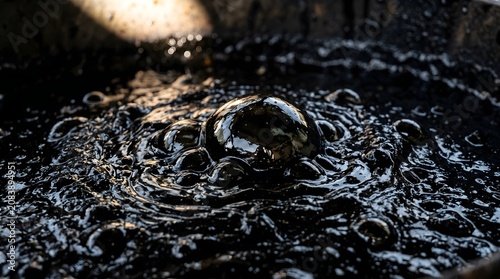 Crude oil bubbling in dark pool, thick black petroleum liquid with surface ripples, viscous fossil fuel texture for energy industry concepts