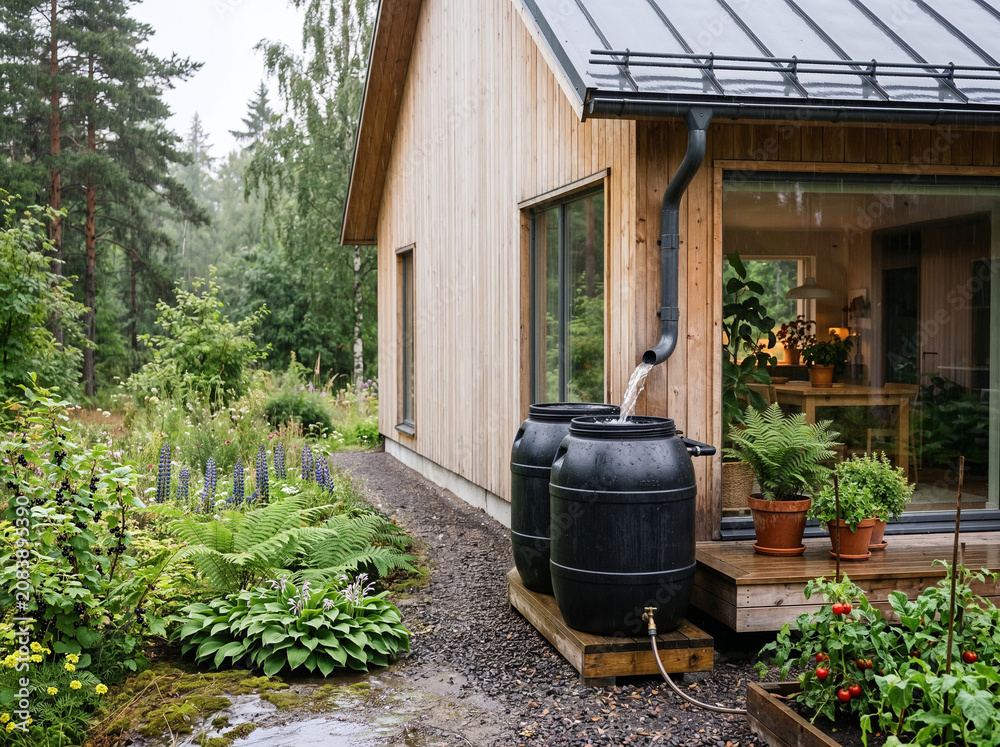 Obraz premium Rainwater harvesting system beside a contemporary wooden home surrounded by lush greenery, illustrating sustainable water management, eco-conscious design and resilient living