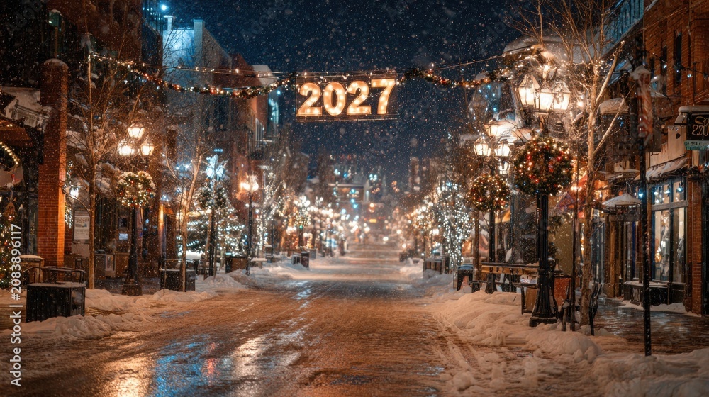 Fototapeta premium Snowy street decorated for the year 2027