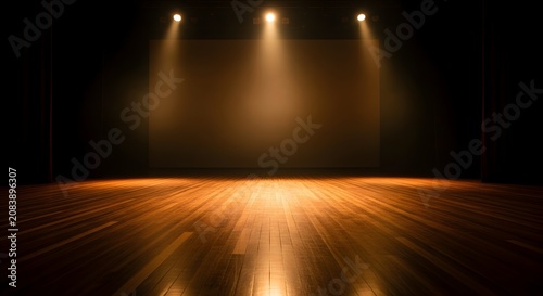 Dramatic warm spotlights illuminating an empty wooden stage with blank screen in a dark theater.