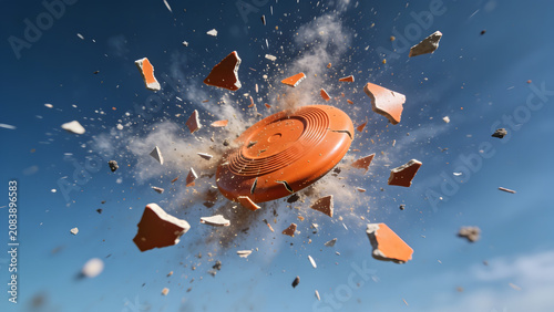 Exploding Clay Pigeon Frozen in Midair with Flying Fragments