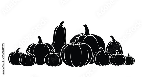Εκτύπωση καμβά Silhouette illustration of various pumpkins and gourds in a group arrangement
