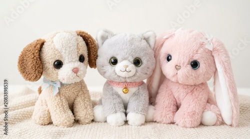 Three plush toys, a dog, a cat, and a rabbit, sitting on a blanket with a white background.