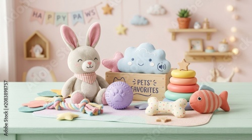 A colorful, stuffed bunny toy with a box of toys on a table, surrounded by various soft toys and a toy fish, against a pink and white background with a wooden shelf and a hanging banner.