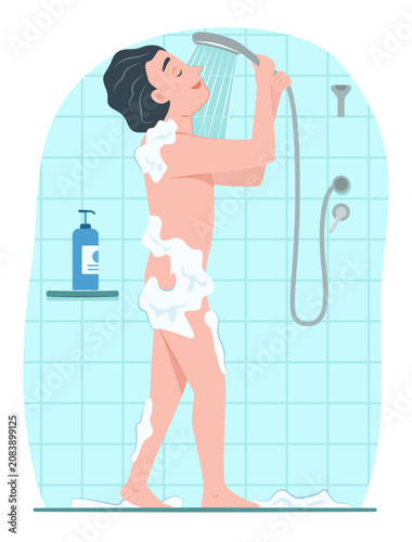 Happy Kid Boy Taking a Shower in Bathroom for Healthcare and Daily Routine Lifestyle Concept Illustration Clip Art