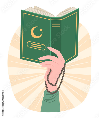 Human Hand Holding Al-Quran and Prayer Beads for Praying to God for Islamic Scripture Holy Book and Religious Items Concept Illustration Clip Art