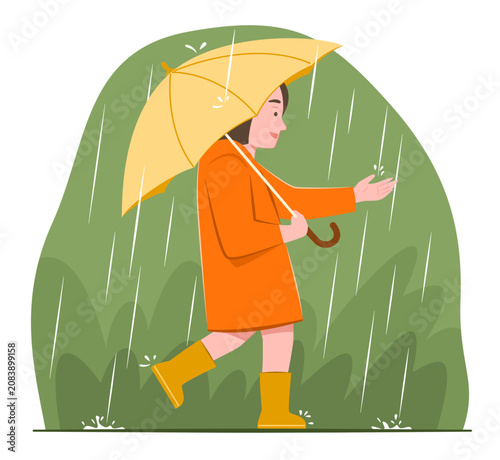 Happy Cheerful Young Kid Girl in Raincoat Holding Umbrella and Standing Outdoor in the Rain for Rainy Seasonal Lifestyle Concept Illustration Clip Art