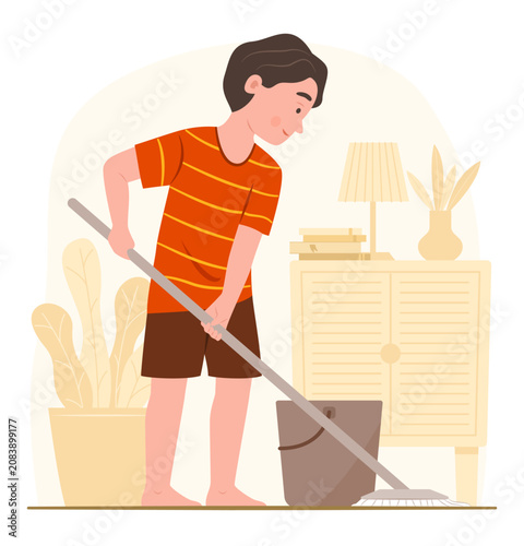 Happy Kid Boy Mopping Floor of Living Room for Cleaning House and Daily Routine Lifestyle Concept Illustration Clip Art