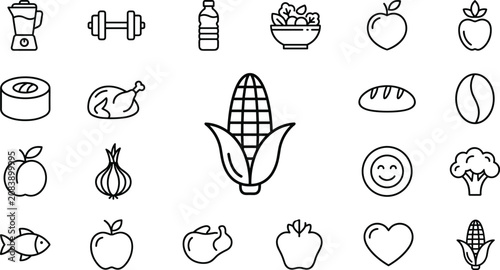 Healthy Food and Fitness Icon Set with Blender, Dumbbell, Corn, Salad, Fruit, Fish, Broccoli, and Bread Line Symbols
